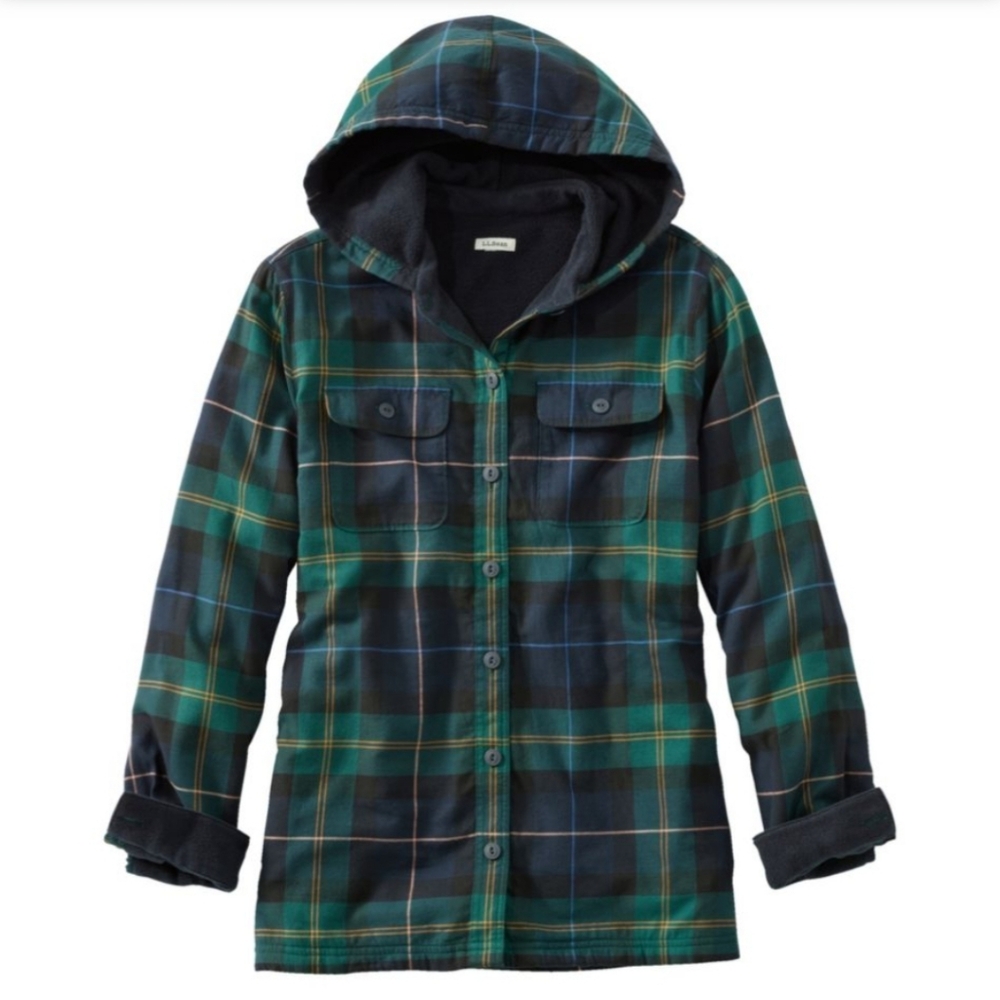 LL BEAN FLEECE LINED PLAID FLANNEL HOODIE SHACKET WOMEN'S SIZE  LARGE